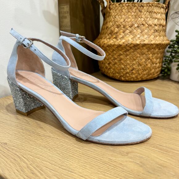 STUART WEITZMAN Nudist Block Sandals Size 9 Light Blue Suede Glitter Heels - Picture 9 of 9